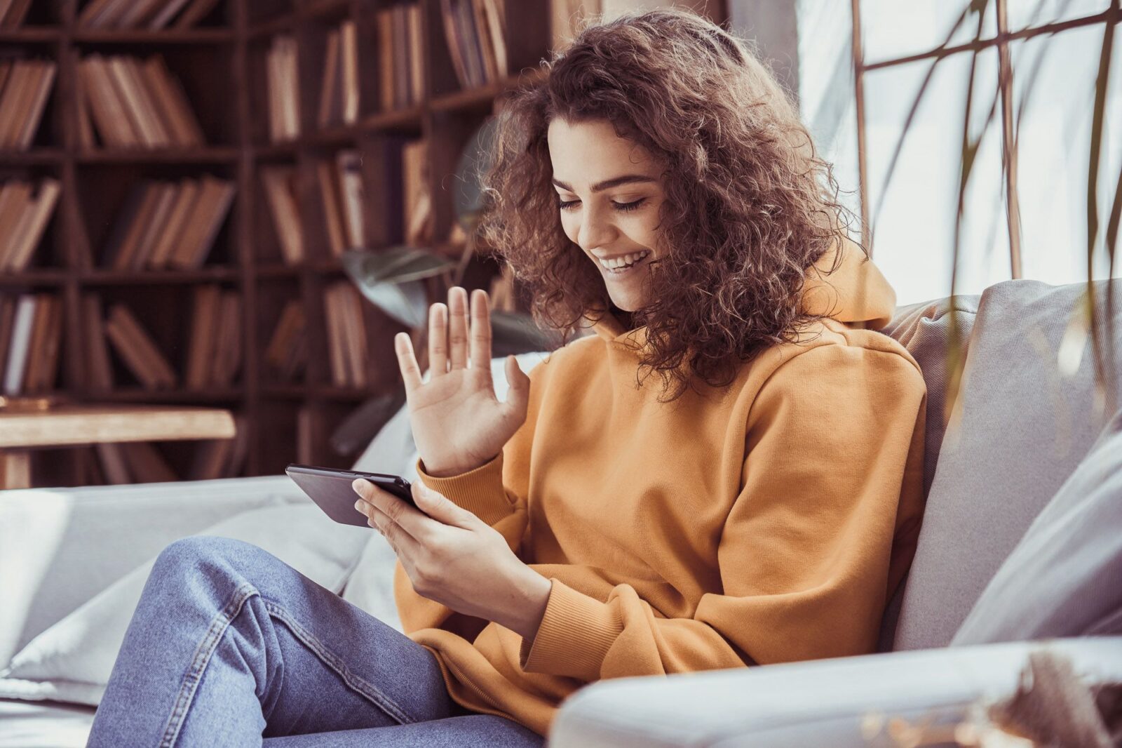Woman having a video call on her phone